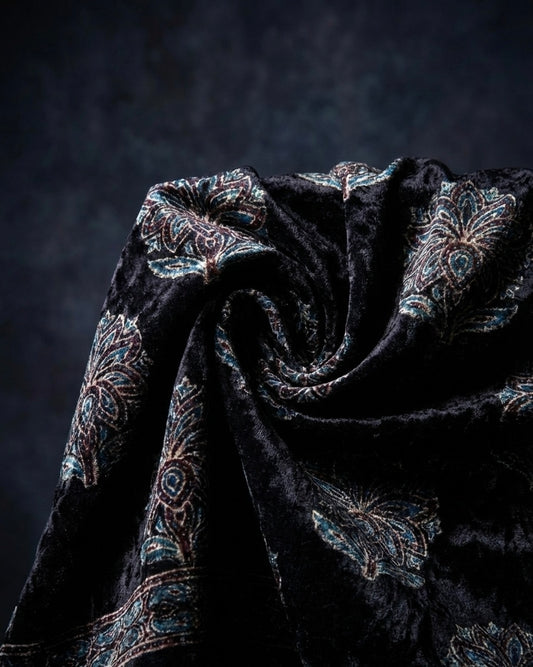 Midnight - Unstitched Velvet Fabric with Hand Block Ajrakh Print