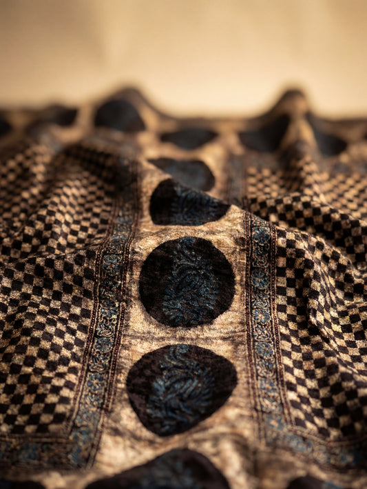 Burnished - Unstitched Velvet Fabric with Hand Block Ajrakh Print