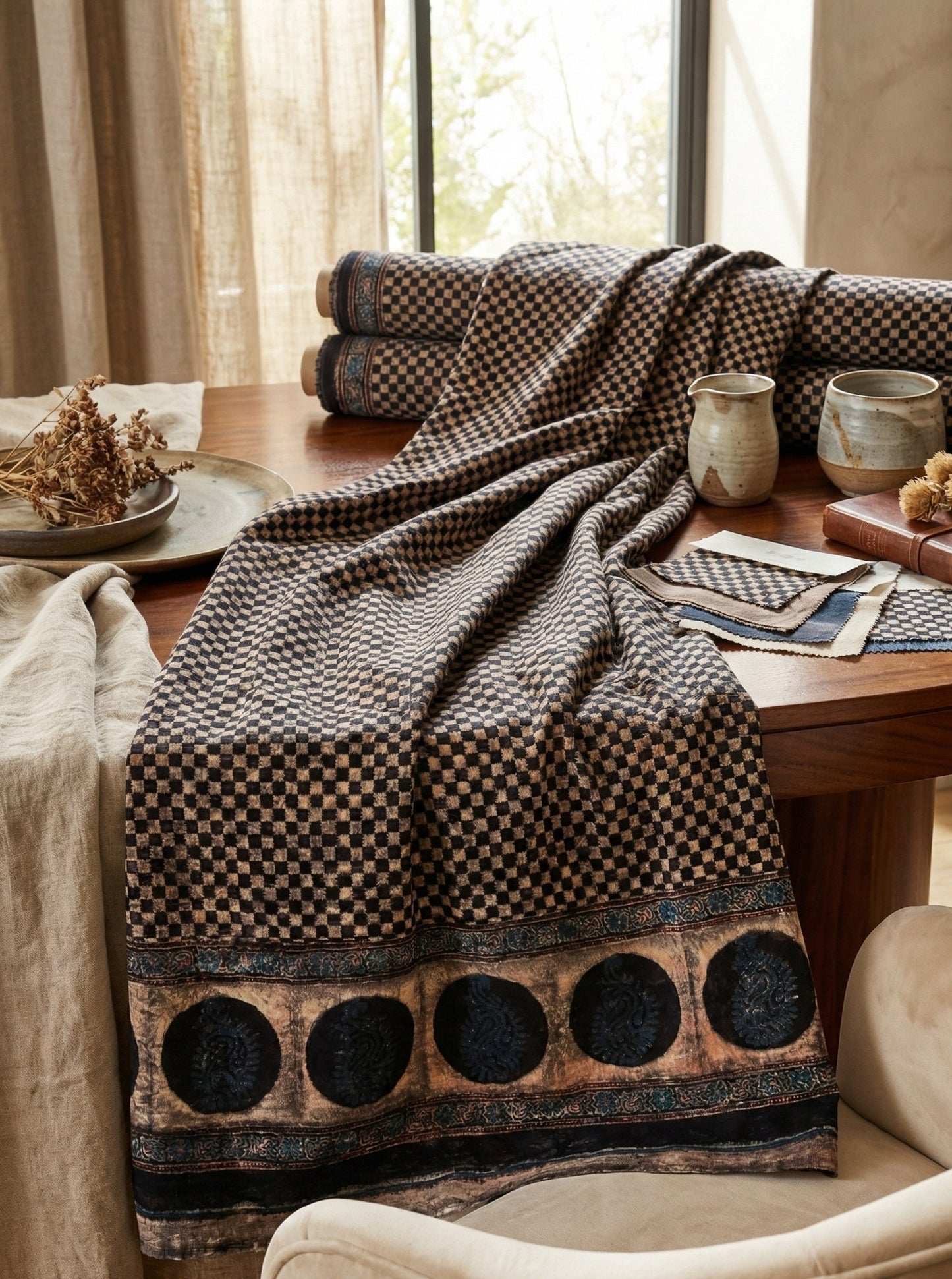 Burnished - Unstitched Velvet Fabric with Hand Block Ajrakh Print