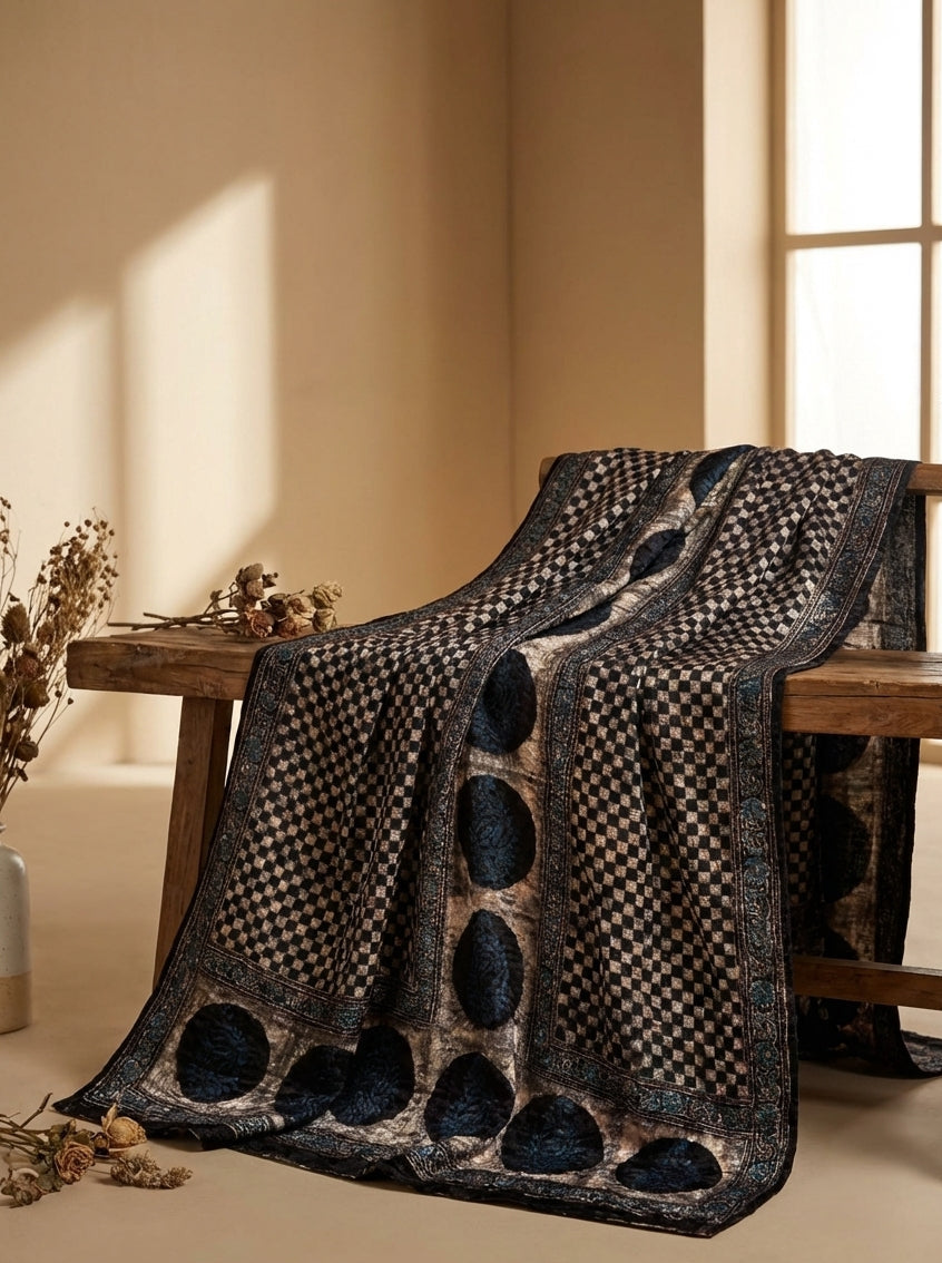 Burnished - Unstitched Velvet Fabric with Hand Block Ajrakh Print