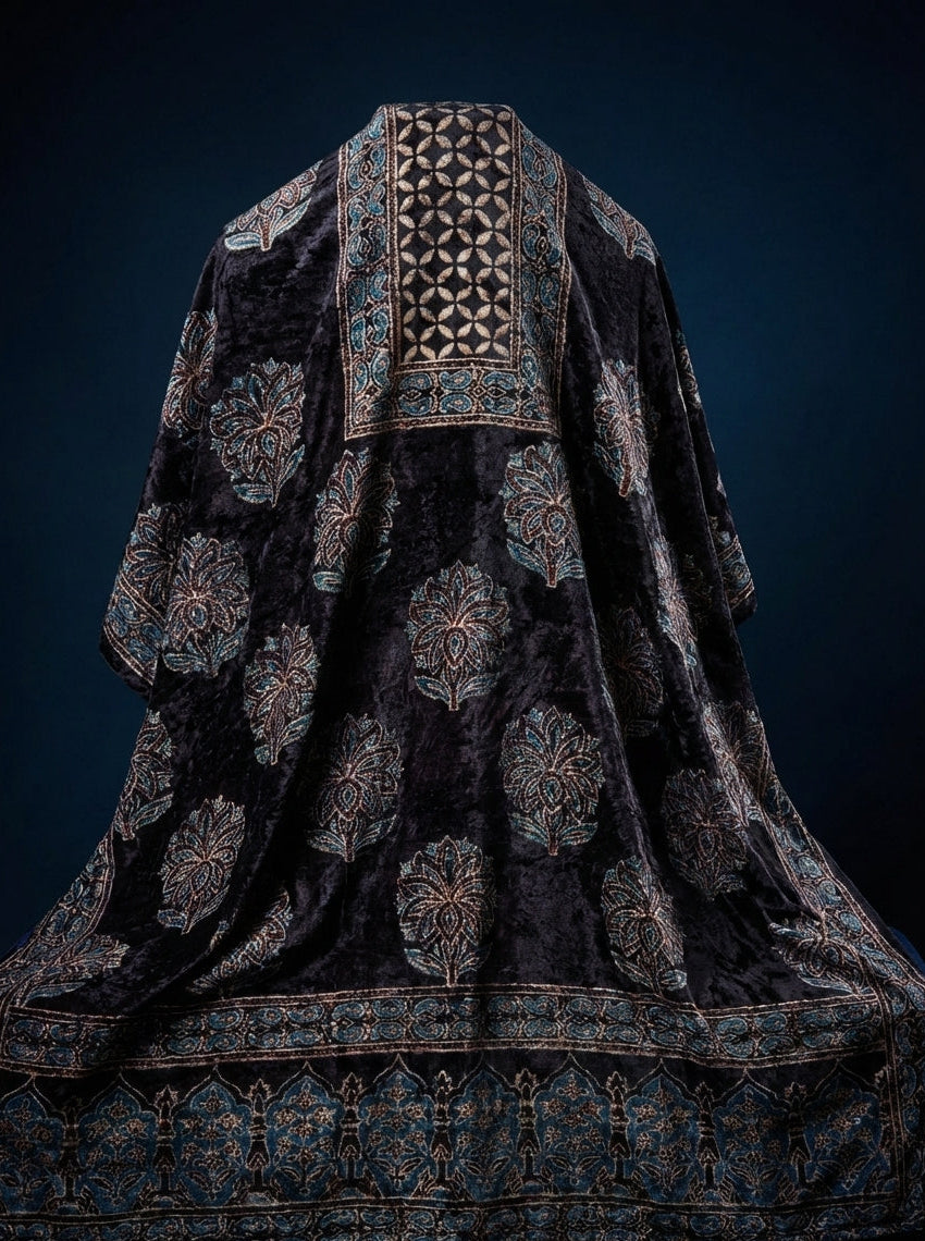 Midnight - Unstitched Velvet Fabric with Hand Block Ajrakh Print