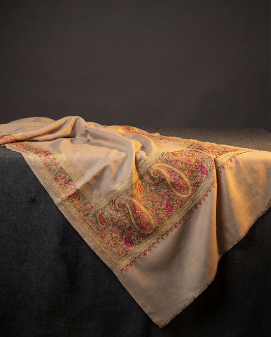 Ecru Sand Stole - Embroidered Pashmina Stole