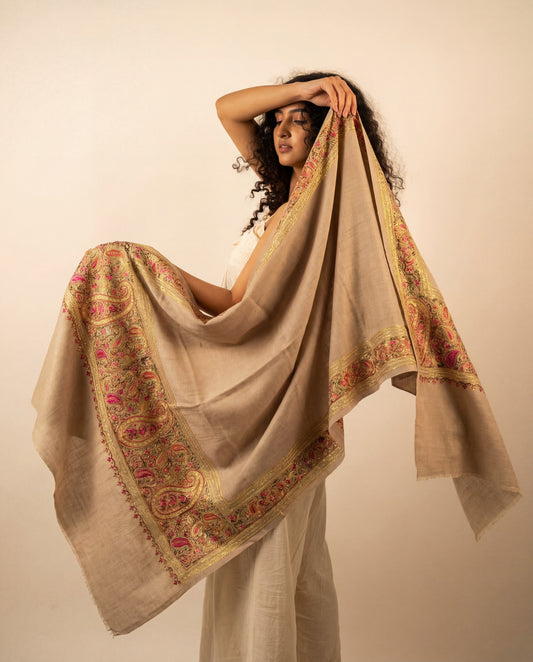Ecru Sand Stole - Embroidered Pashmina Stole