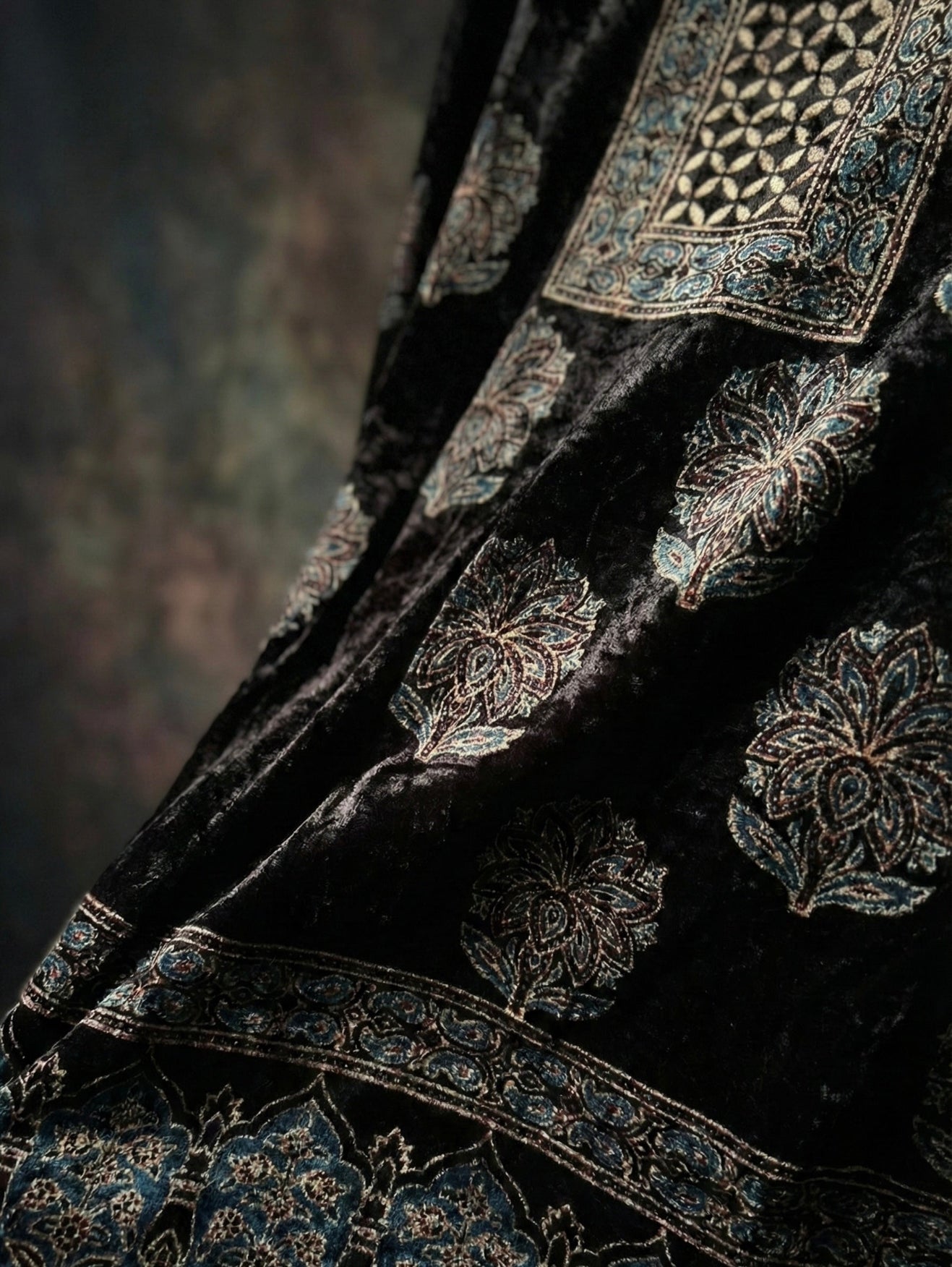 Close up of hand-blocked Ajrakh print on velvet