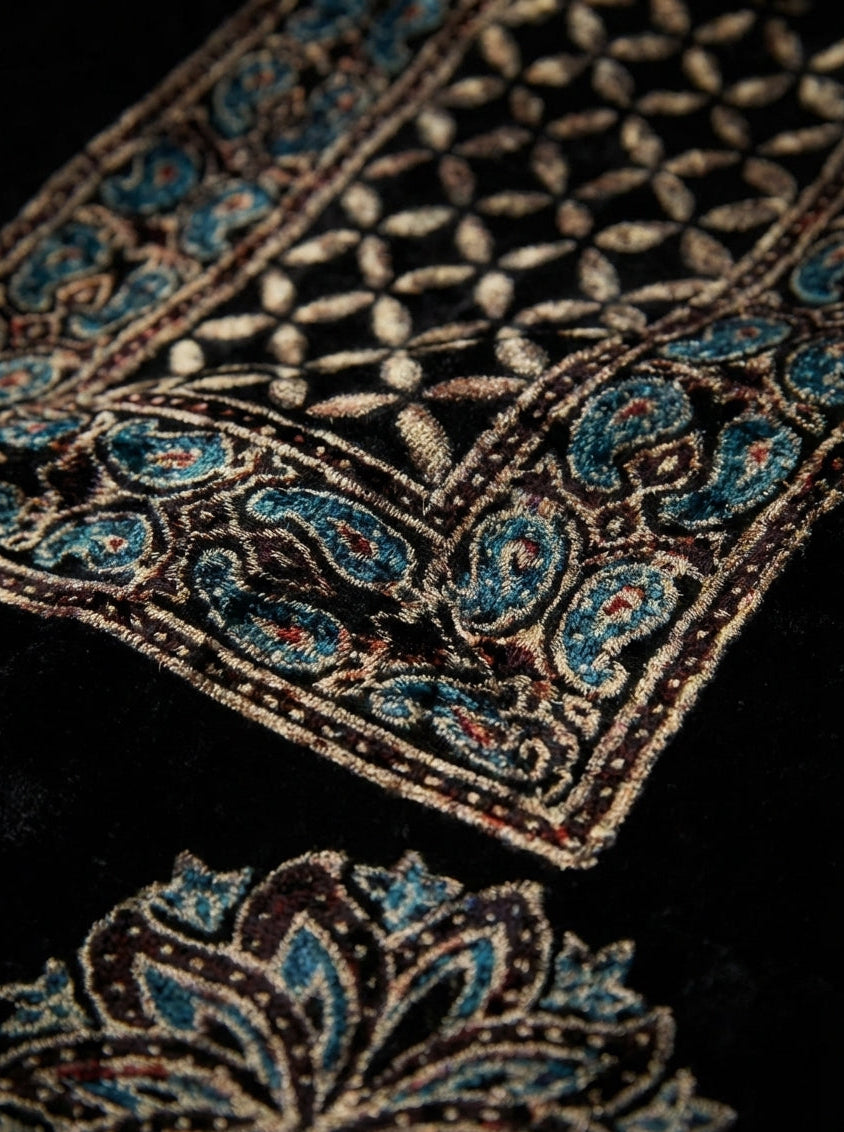Midnight - Unstitched Velvet Fabric with Hand Block Ajrakh Print