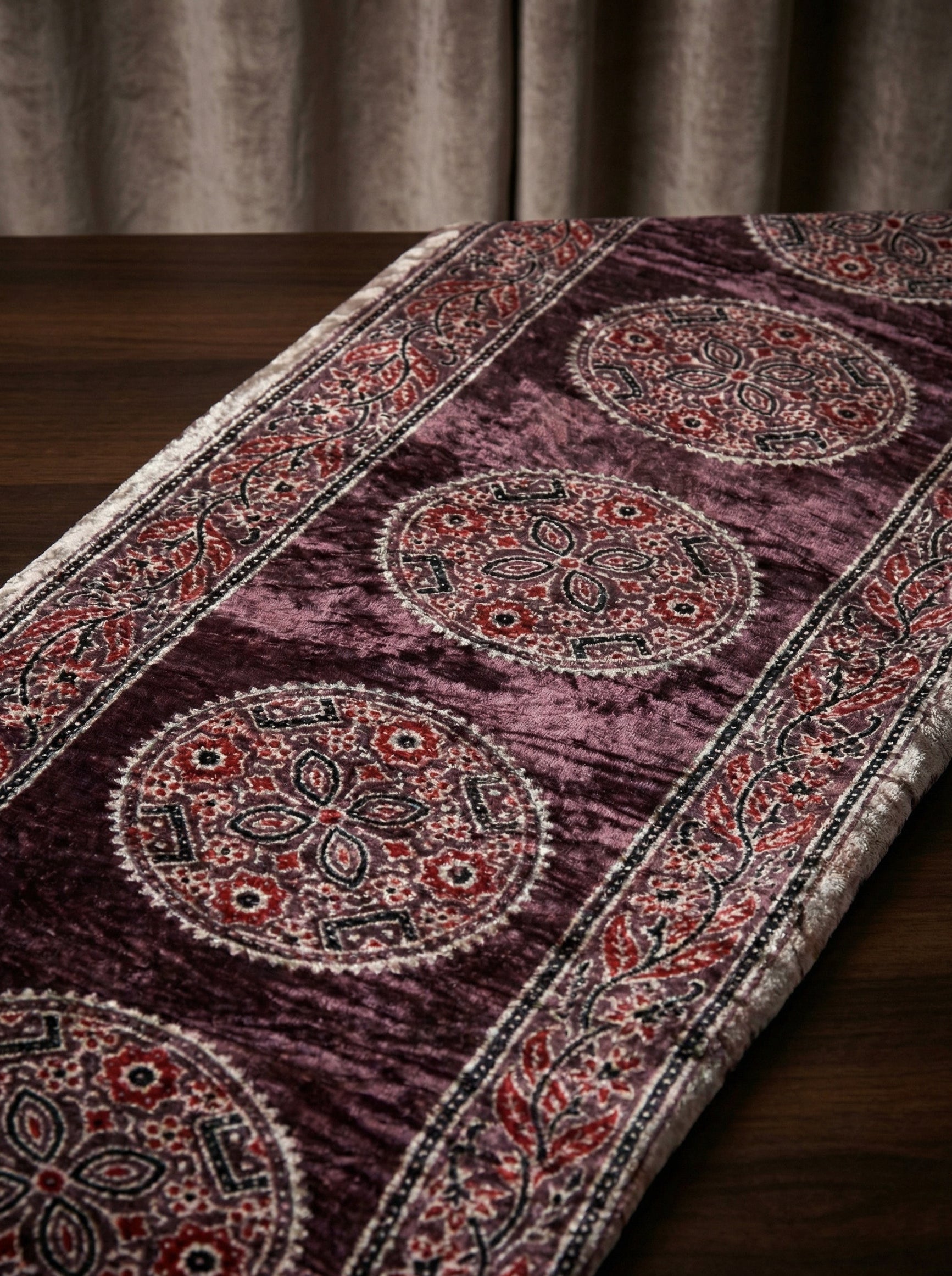 Close up of velvet fabric with ajrakh print